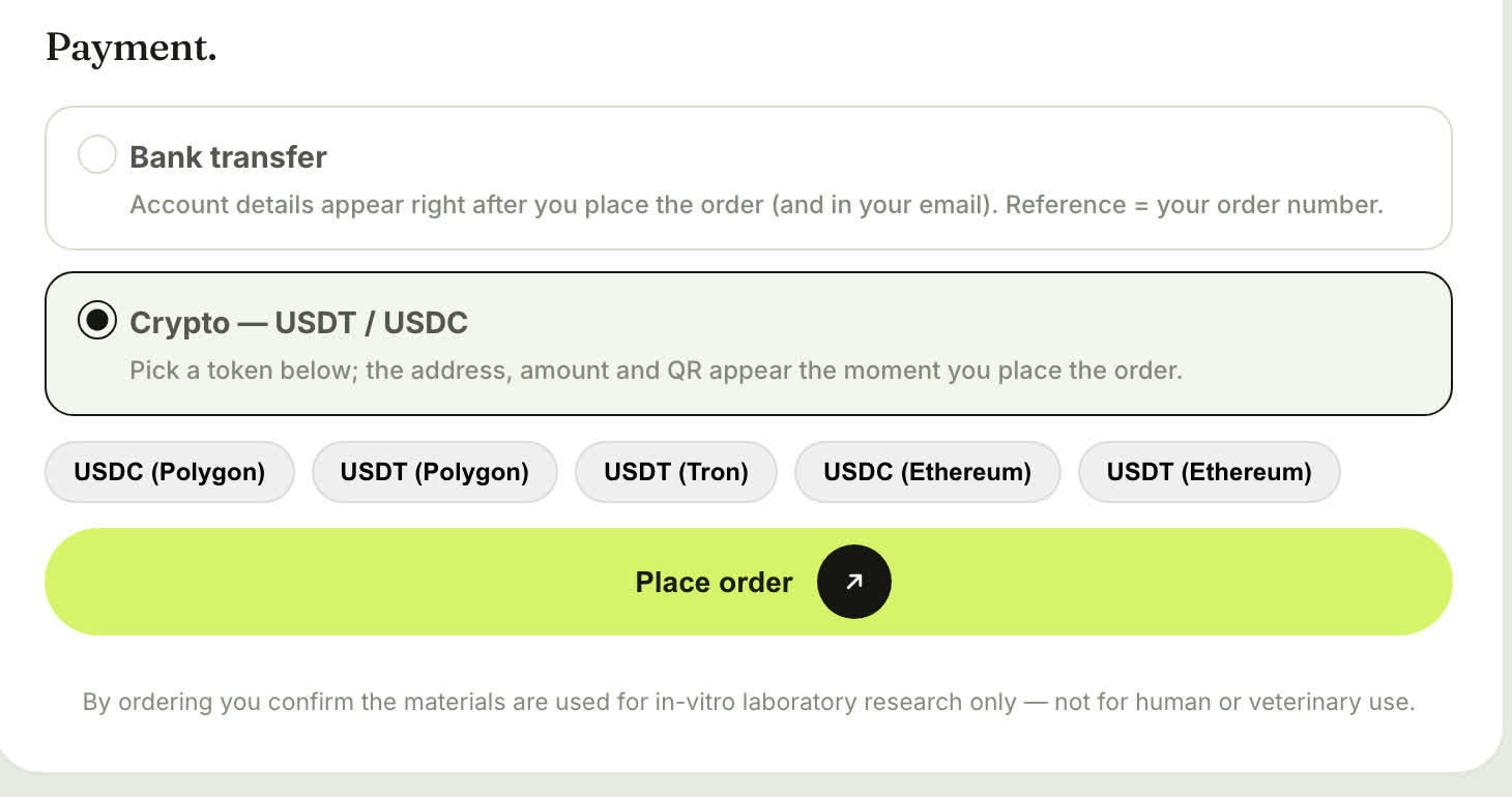 The payment step at our checkout: pick bank transfer or crypto, then the token and the network. This is the only choice you make on our side.
