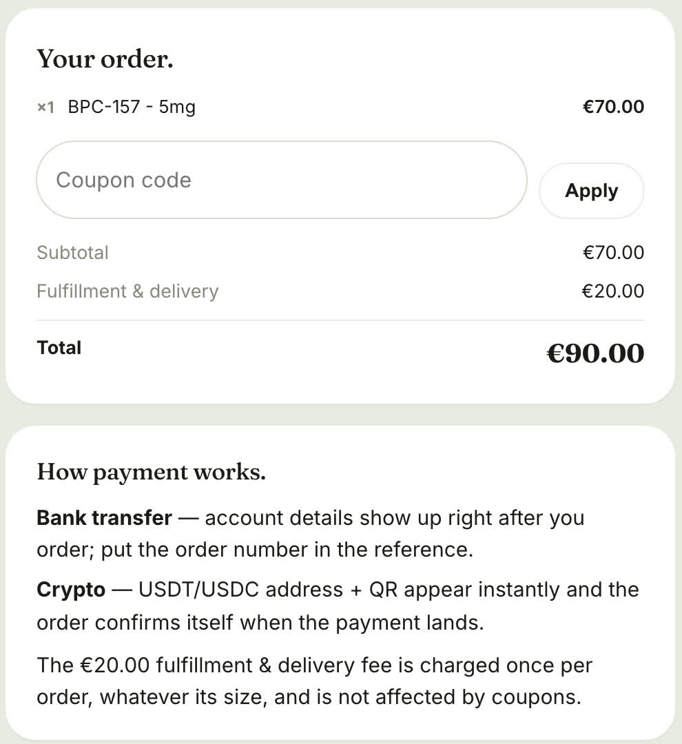What the order summary looks like while you pay: goods, the one flat fulfillment fee, and the total the invoice is written for.